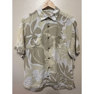 Tommy Bahama Linen Shirt Tropical Tan Brown Neutral Button Up Short Sleeve Men M